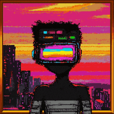 a pixel art of a person with a virtual reality headset on