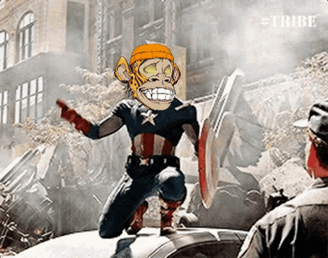 a cartoon of captain america holding a shield with a monkey on his face