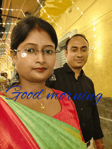 a man and a woman standing next to each other with the words good morning on the bottom right
