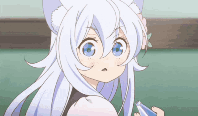 a girl with white hair and blue eyes holds a bottle of water