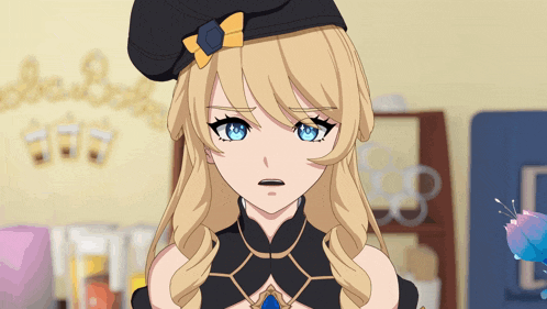 a girl with blonde hair and blue eyes is wearing a hat