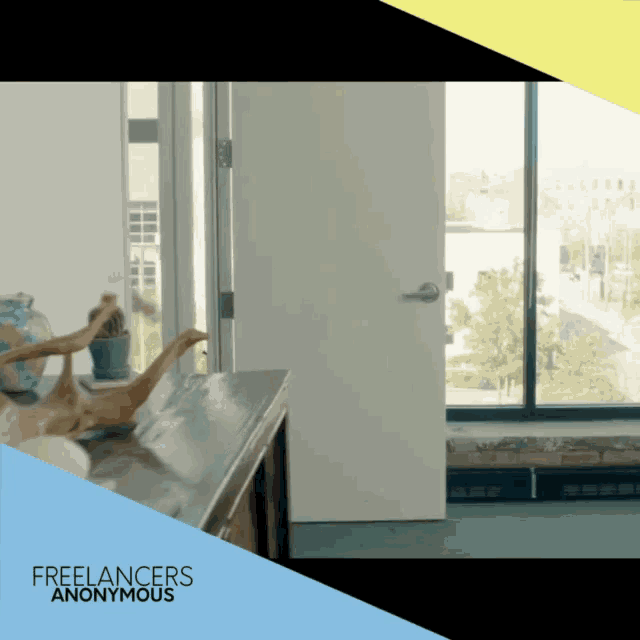 an advertisement for freelancers anonymous shows a person sitting at a table