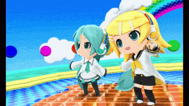 a cartoon of two girls wearing headphones and dancing