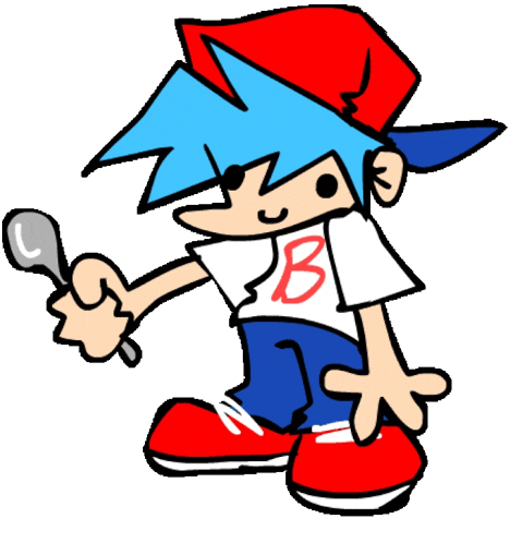 a cartoon boy is holding a spoon in his hand and wearing a white shirt with the letter b on it .