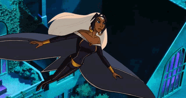 a woman in a superhero costume is flying in the air