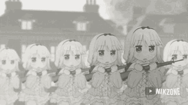 a black and white drawing of a girl holding a gun in front of a row of other girls holding guns .