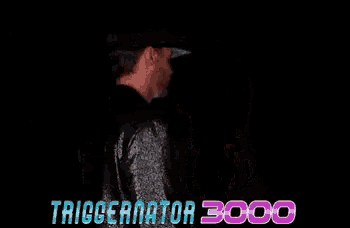 a man and a woman are standing next to each other with the words triggerator 3000 on the bottom right