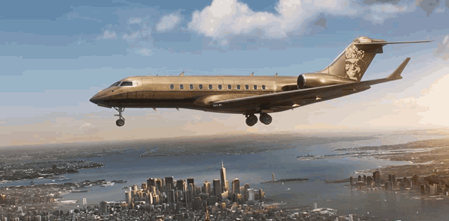 a plane with a lion on the tail is flying over new york