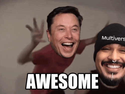 elon musk and a man wearing a beanie that says multivers