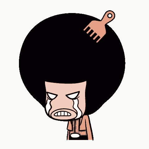 a cartoon character with a comb in his head is crying .