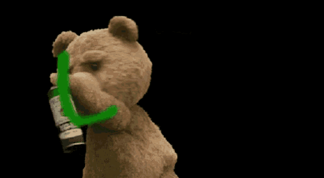 a teddy bear with the word ted written in green on a black background