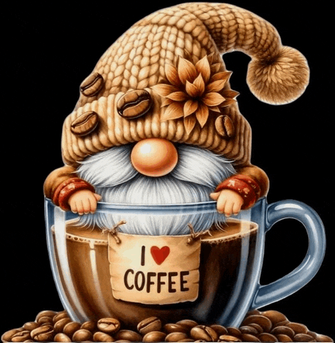 a gnome in a knitted hat is holding a sign that says i love coffee