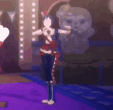 a cartoon character is standing on a purple floor in a room .