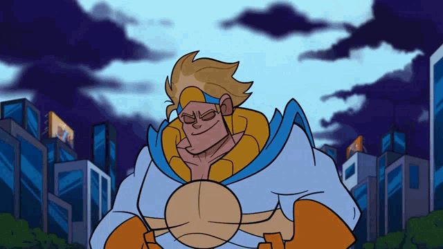 a cartoon of a superhero standing in front of a city with a sign that says ' kfc '
