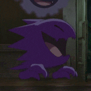 a purple monster with a white eye is standing in a dark room