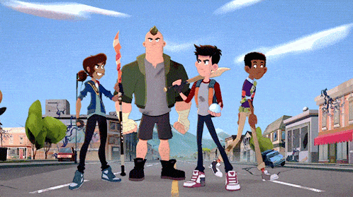 a group of cartoon characters are standing on a street holding weapons