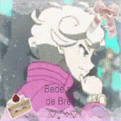 a cartoon character is holding a piece of cake with strawberries on it .