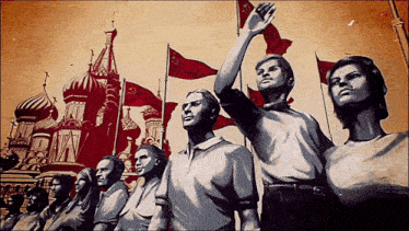 a group of people are standing in front of a building with a red flag that says ' cccp ' on it