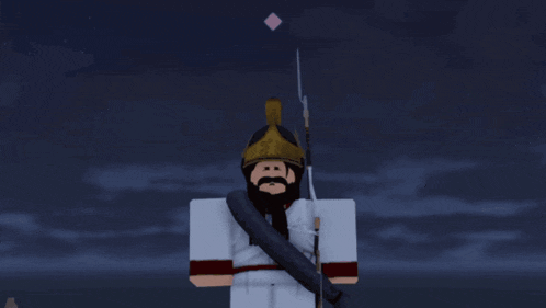 a cartoon character with a beard holding a sword and a helmet