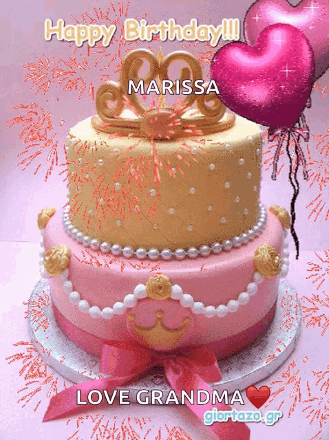 a pink and gold cake with the words happy birthday marissa love grandma