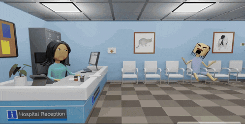 a cartoon of a hospital reception area with a woman at the counter