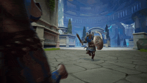 a video game character with a sword and shield is running