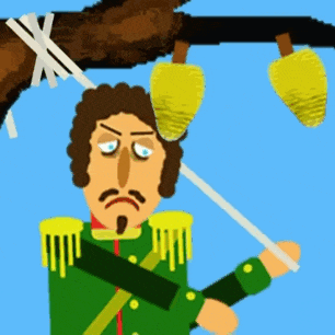 a cartoon drawing of a man in a green uniform holding a stick
