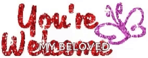 the word you 're welcome is written in red and purple glitter with a butterfly .