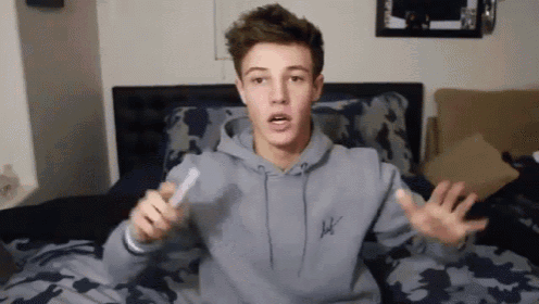 a young man wearing a grey hoodie is sitting on a bed holding a remote control .