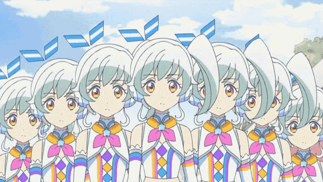 a group of anime girls with white hair and bows on their head