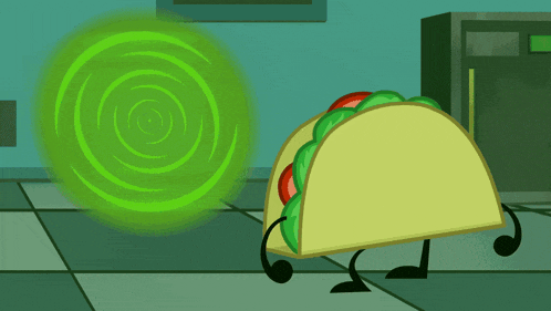 a taco with arms and legs stands in front of a green spiral