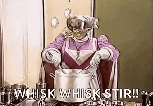 a woman in a purple apron is stirring a pot of food .