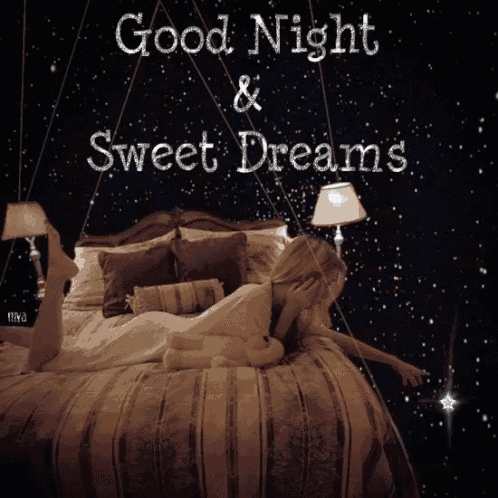 a woman laying on a bed with the words good night and sweet dreams written above her