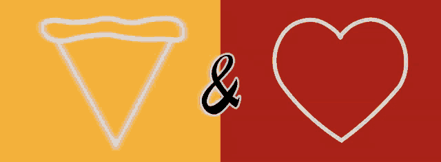 a yellow and red background with a white triangle and a red heart