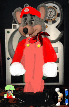 a drawing of chuck e cheese wearing a red hat