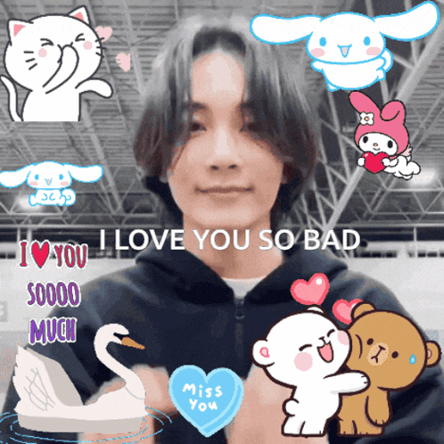 a man is surrounded by stickers that say i love you so bad and miss you