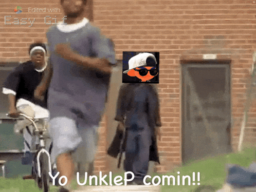 a man riding a bike with the words yo unklep comin written below him