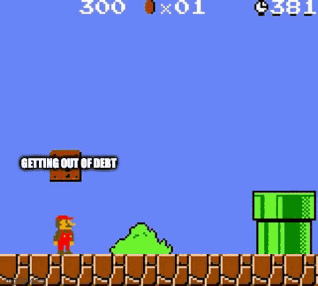 mario is getting out of debt in a video game with a green pipe .