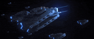 a group of spaceships are flying through space and one of them has a blue light coming out of the top