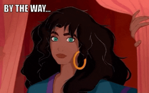 a cartoon woman with long black hair and green eyes is standing in front of a pink curtain and says by the way .