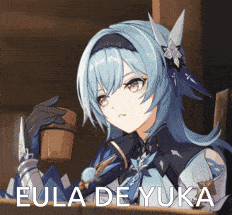 a blue haired anime girl with the name eula de yuka on the bottom right