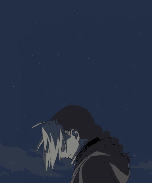 a cartoon drawing of a person looking up at the night sky