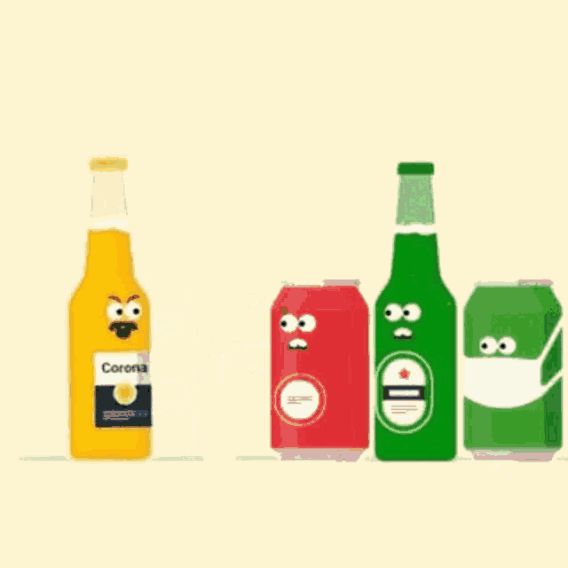 a bottle of beer , a can of soda , and a can of orange juice with face masks on their faces .