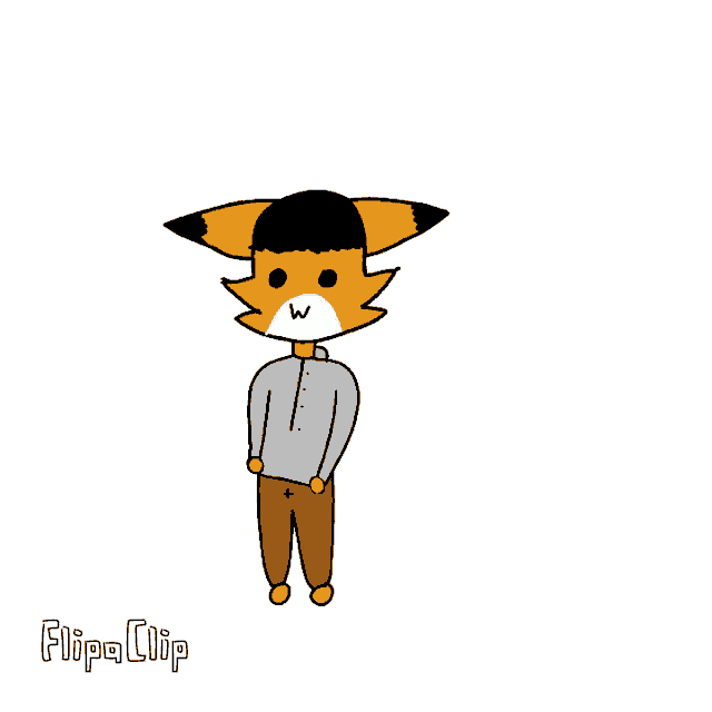 a cartoon of a fox wearing a gray shirt and brown pants with the words flipa clip below it