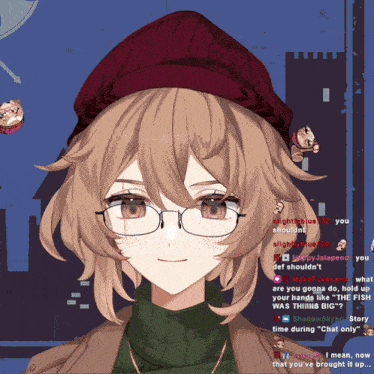 a girl wearing glasses and a red hat is talking on a computer screen