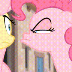 pinkie pie and fluttershy are looking at each other in a cartoon .