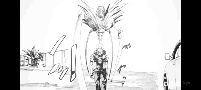 a black and white drawing of a man standing next to a car and a robot .
