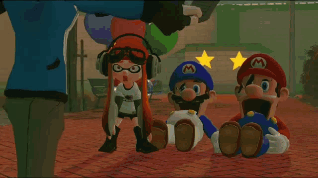 a cartoon of mario and sally sitting on the ground