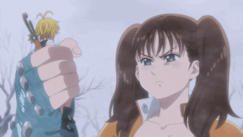 a girl with pigtails is standing next to a man with a sword in his hand