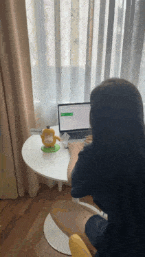 a woman sits at a desk using a laptop with a duck figurine on the table
